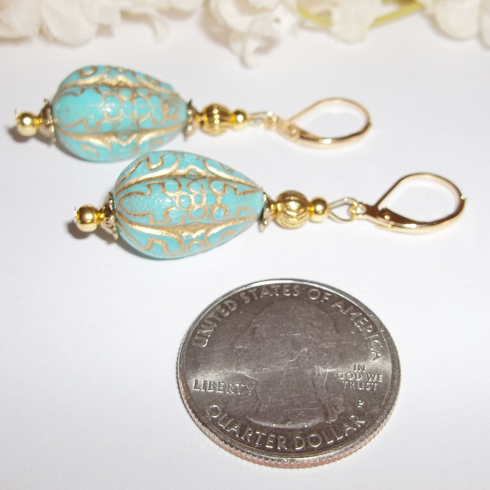 Earrings, Turquoise Earrings, Turquoise Blue and Gold Earrings, Earring Set 7768 - Picture 5 of 10